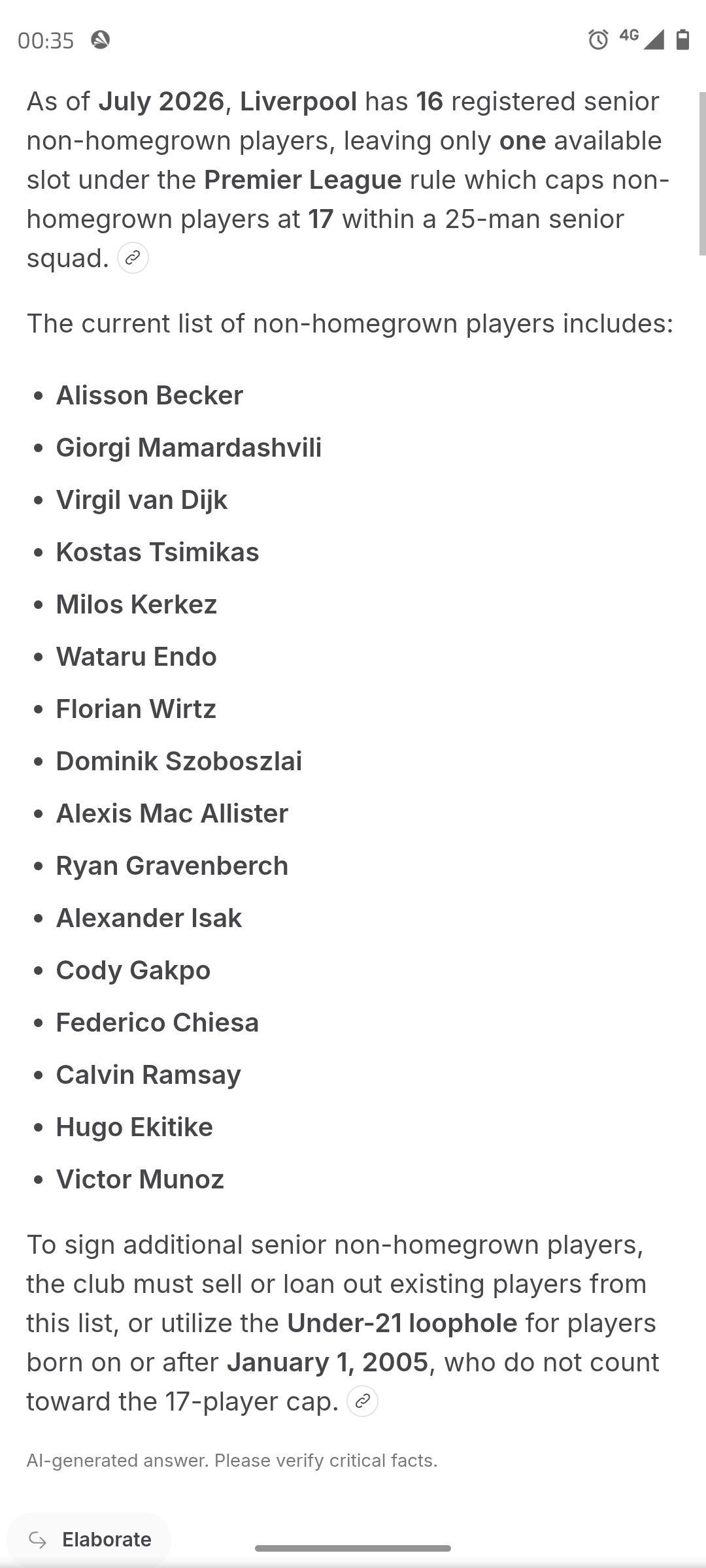 We now have 17 spots taken. We now have to loan or sell some on this list. Ramsay, Endo, Chiesa, Gakpo,Macca most likely to leave.